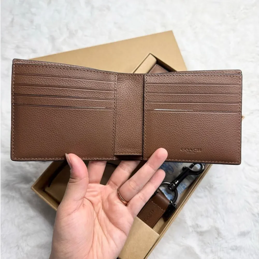 NWT COACH Men Unisex Brown Gift Set of 3 Wallets Keychain